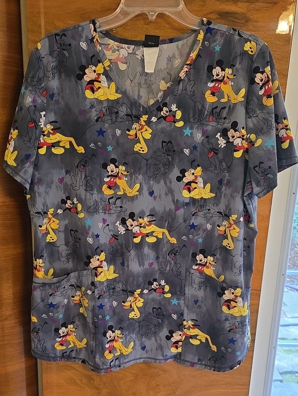 Disney Gray V-Neck Women's Scrub Top with Mickey & Pluto Print